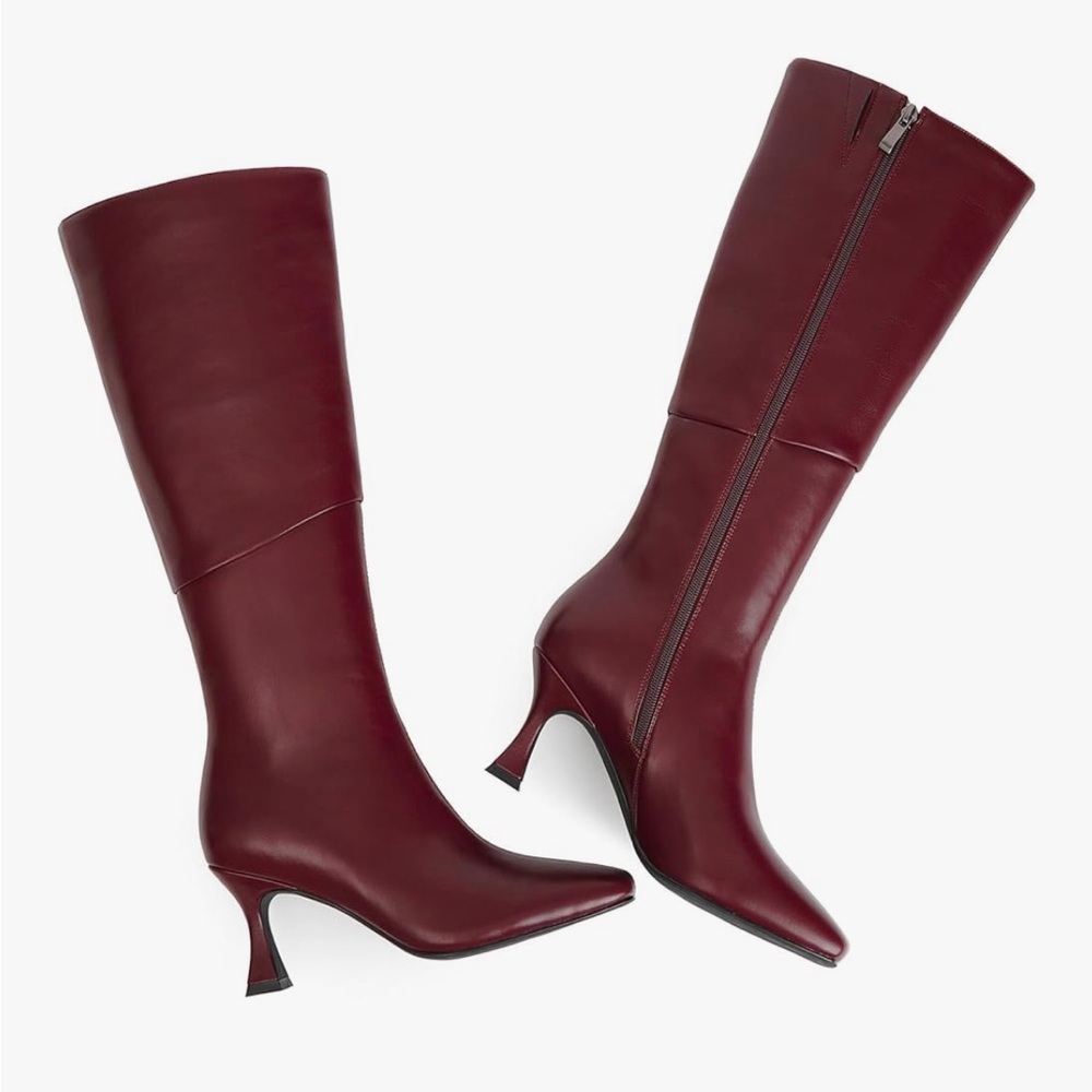 Modatope square toe leather boots, deep red color